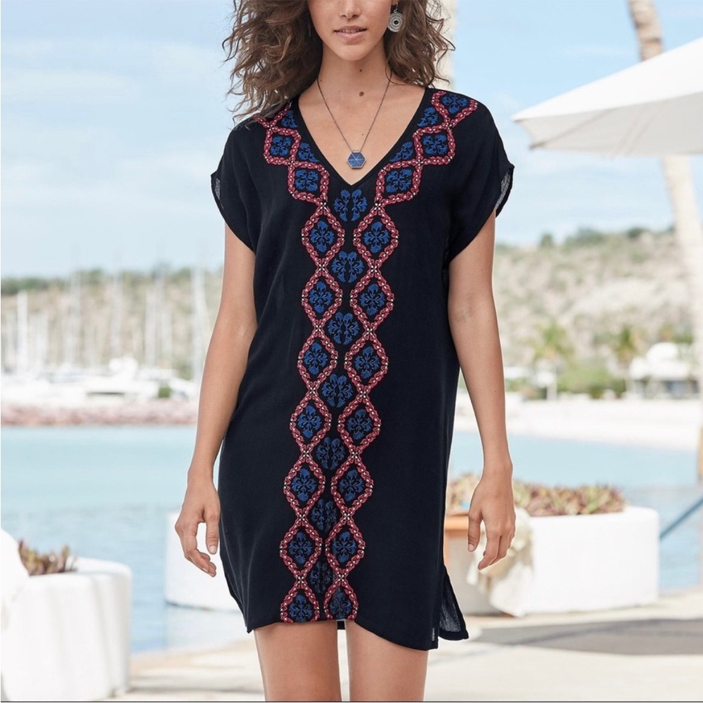 Sundance Embroidered Cap Sleeve Palace Air Black Cover Up Tunic Dress